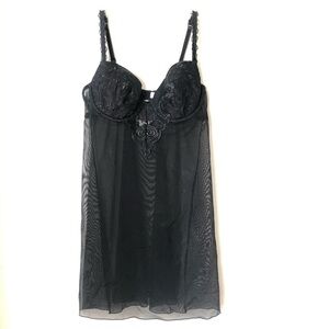 Parisa Vintage Y2K 00s Black Floral Embroidered Sheer Mesh Babydoll 38B